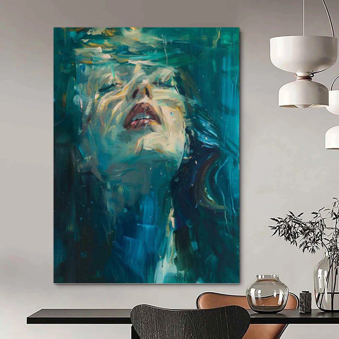 “Underwater Serenity” - Blue & Green Impressionistic Portrait Painting On Canvas DKH1183