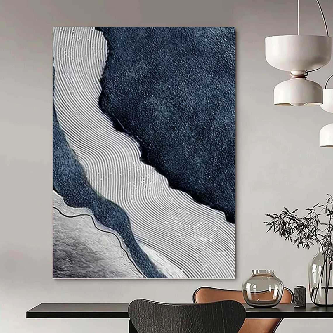 “Rippled River” - Blue, White & Gray Abstract Flowing Lines Painting On Canvas DKH1536