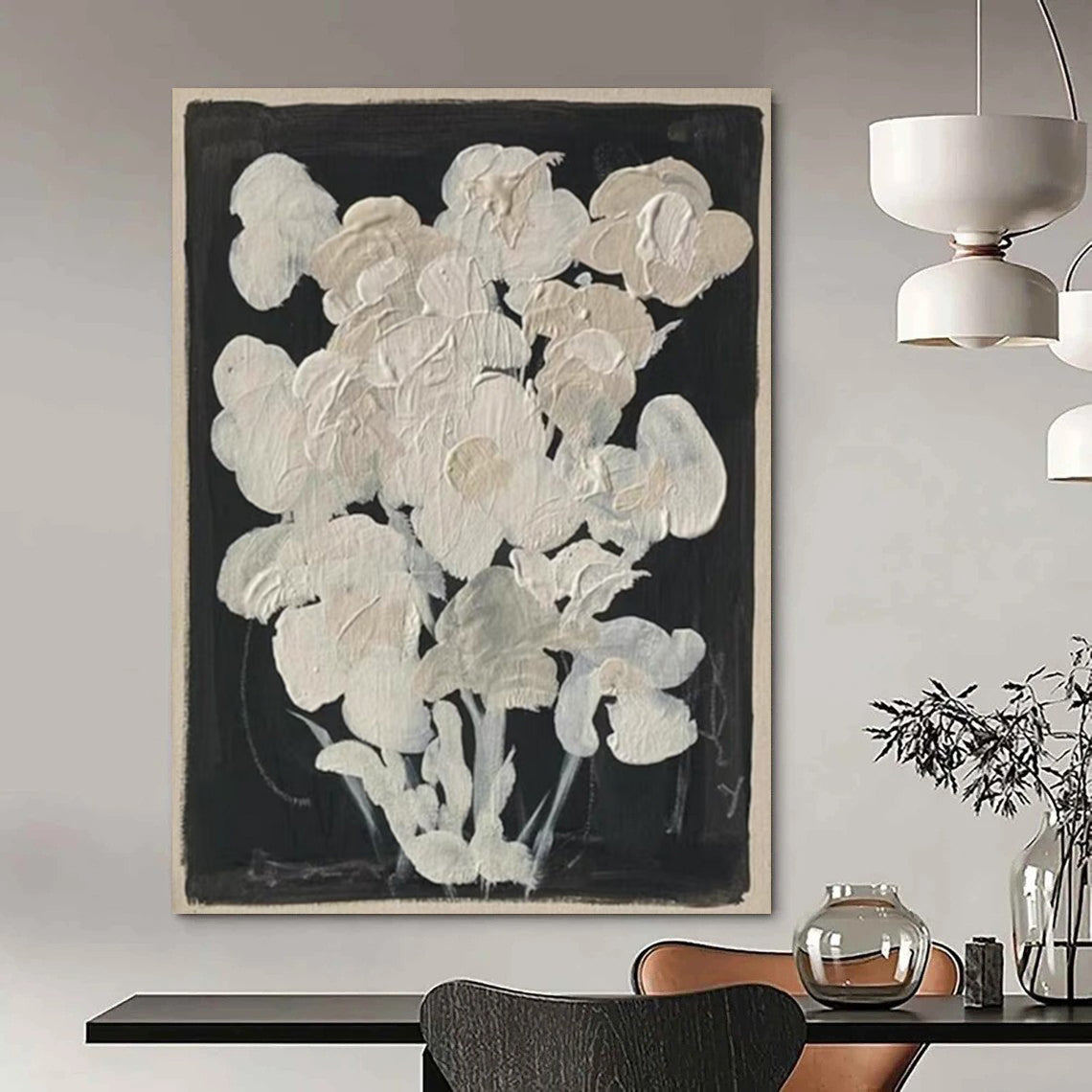 “White Flowers on Black” - Minimalist Floral Painting On Canvas DTP140