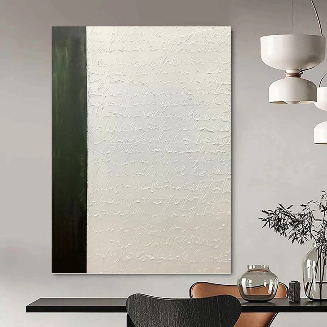 “Textured Script & Green” - White Calligraphy & Green Panel Painting On Canvas DKH1181