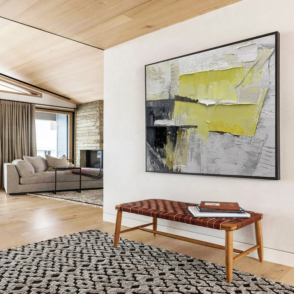 Bold Yellow and Gray Collage - Abstract Mixed - Media Painting On Canvas DKH595