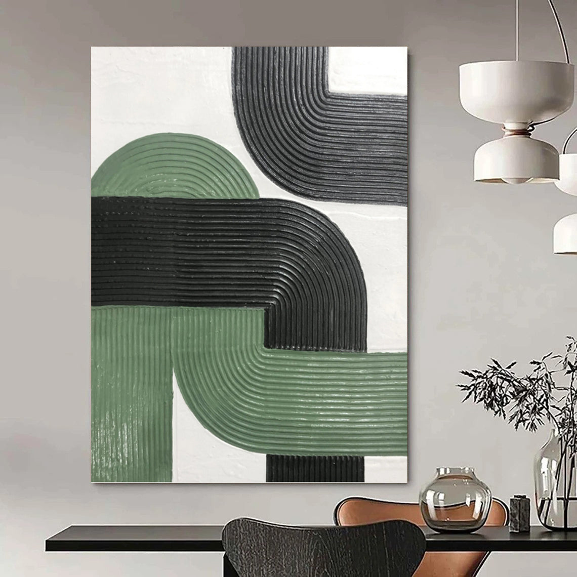 “Intertwined Paths” - Green & Black Ribbed Geometric Painting On Canvas DKH1171