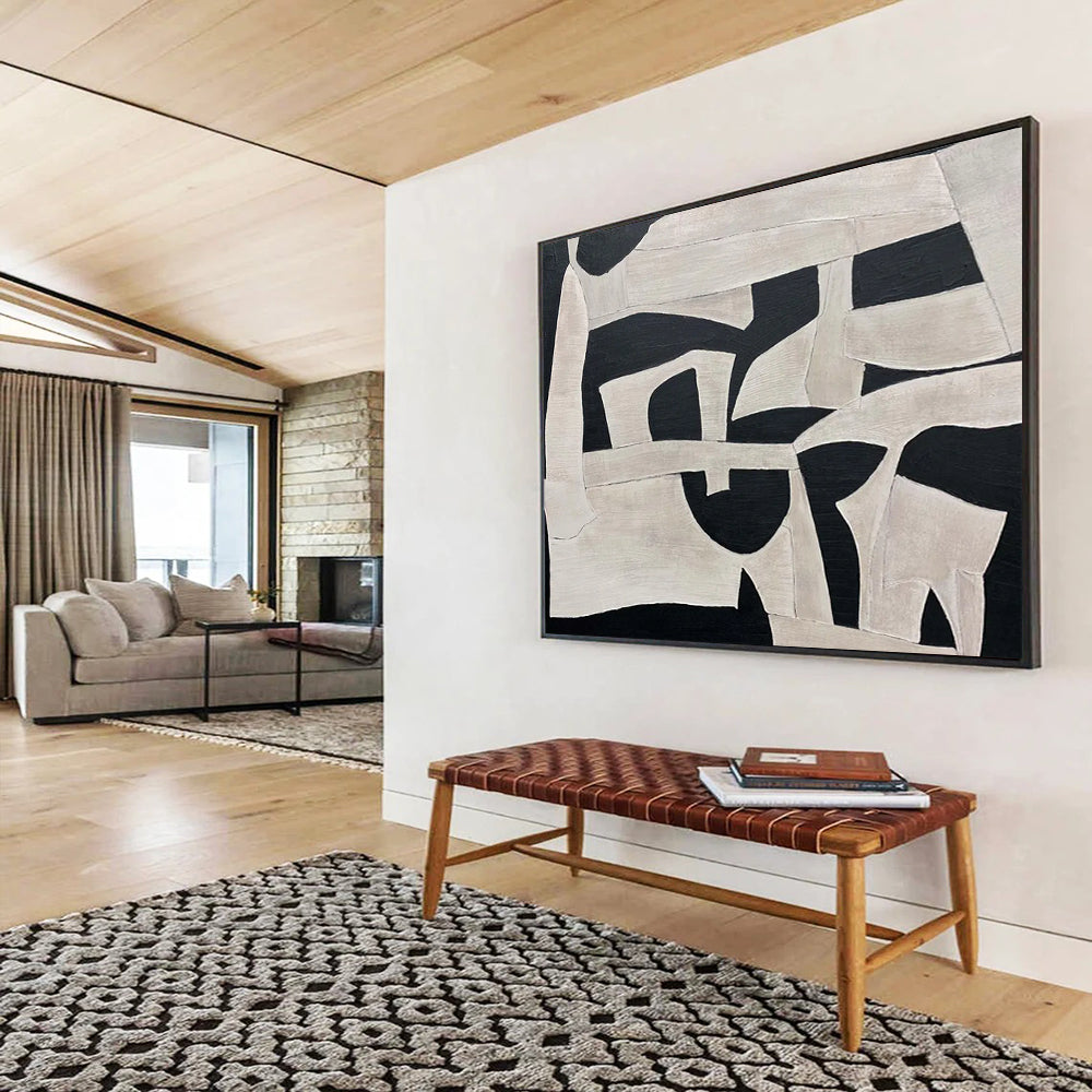“Monochrome Geometric Shapes” Abstract Cubist Painting On Canvas DLZ093