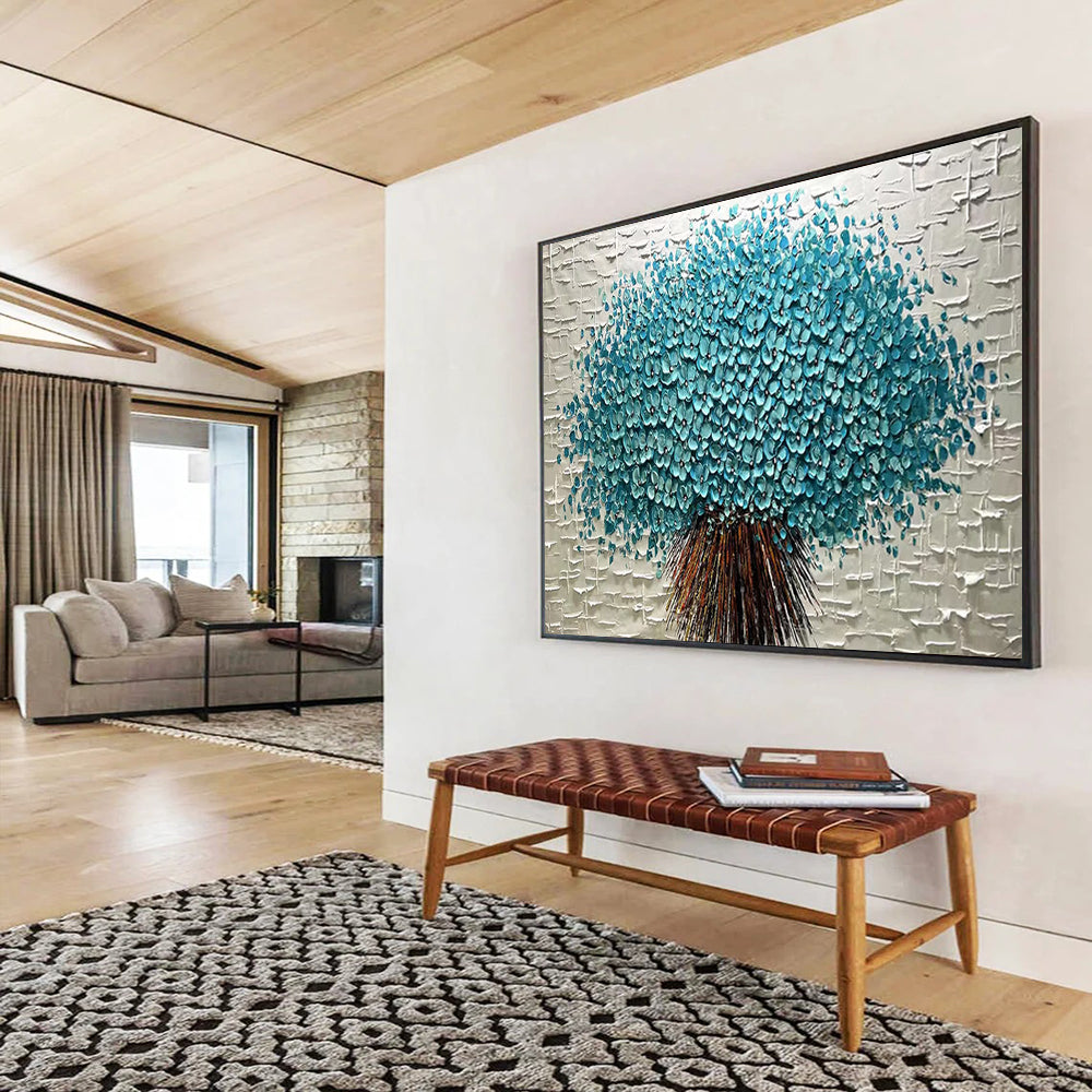Textured Blue Flower Tree - Impasto Floral Painting On Canvas DLZ213