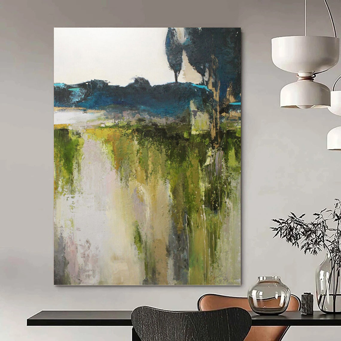 “Green & Blue Landscape Abstract” - Green, Blue & Gray Impressionistic Landscape Painting On Canvas DKH1015