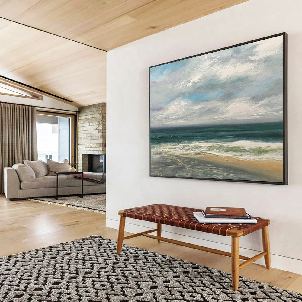 “Blue, Green, Cloudy Seaside ‘Serene Coastal Day’” - Impressionist Seascape Painting On Canvas DLZ021