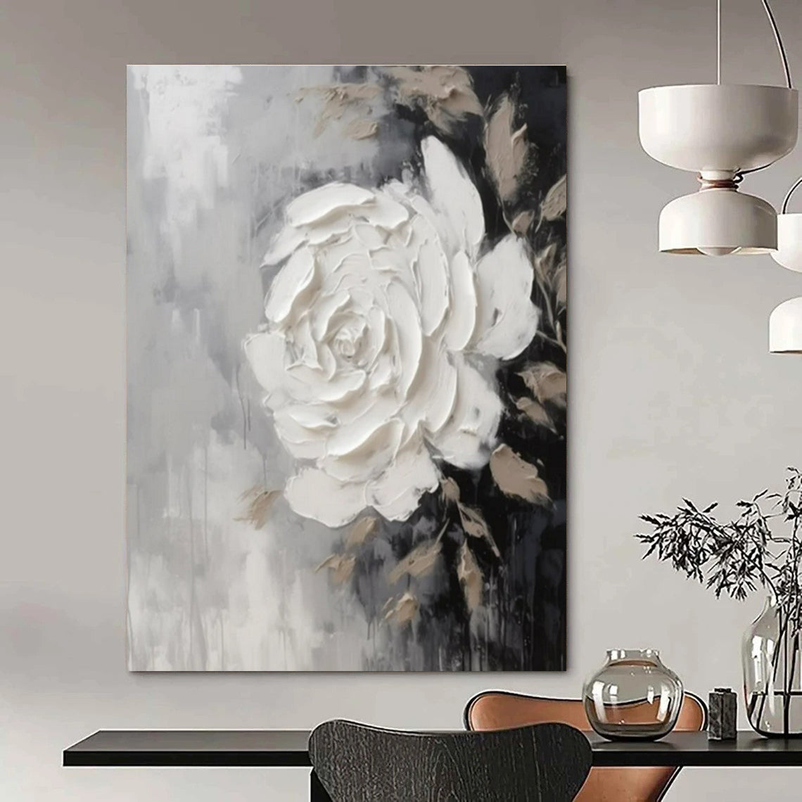 Grey, Black & Beige with Textured White Rose - "Elegant Bloom" - Impasto Floral Painting CT1466