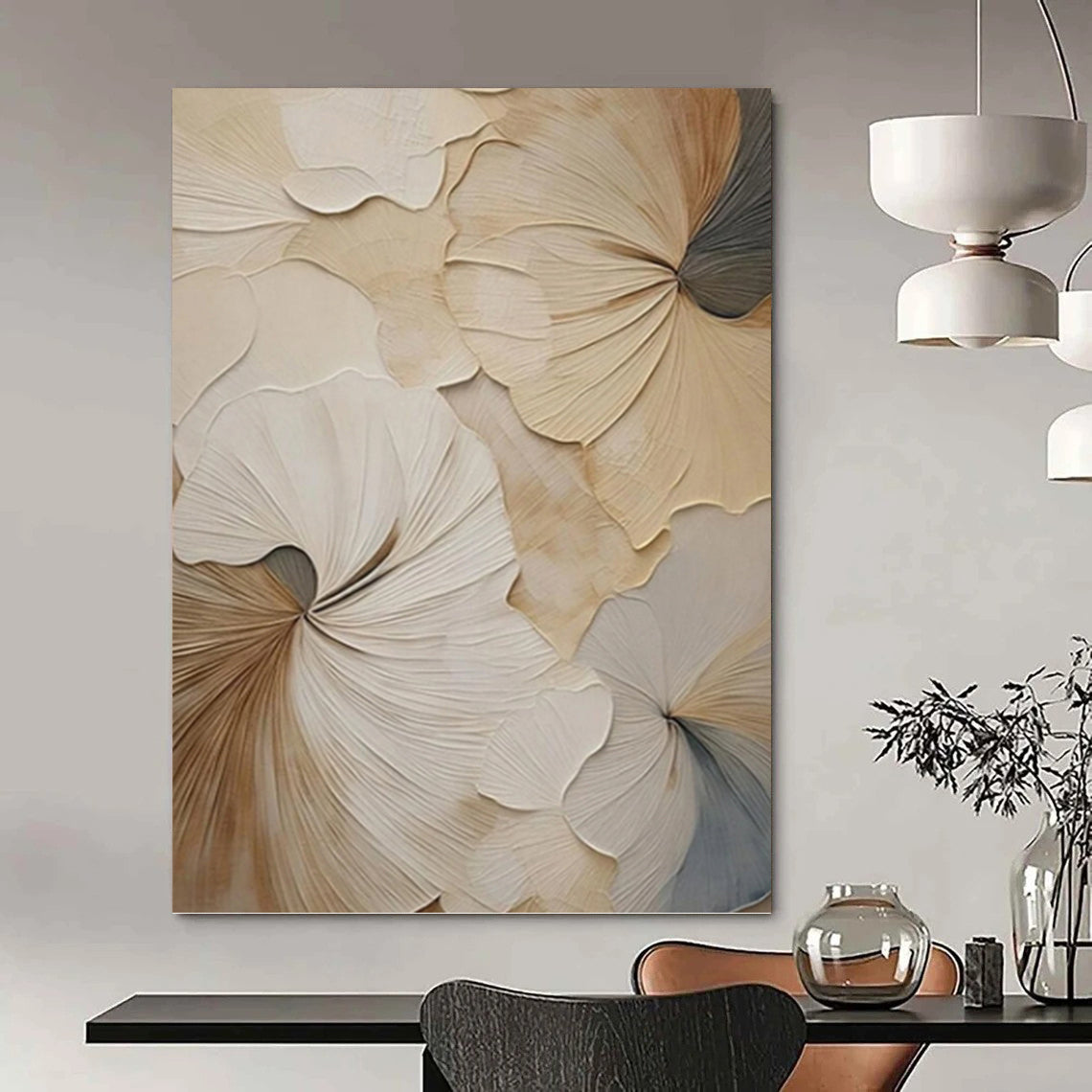 3D Floral Petals in Beige and Gray - Textured Floral Painting On Canvas DKH1383