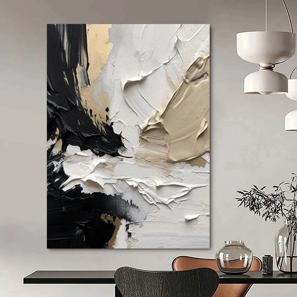 “Black - White - Gold Textured Abstract” - Black, White, Gold Impasto Painting On Canvas DTP301