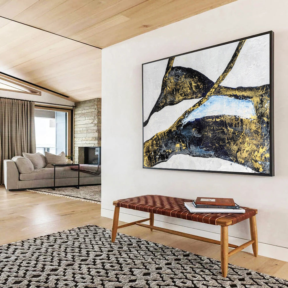 “Gilded Organic Shapes - Black, Gold, and Blue” Painting On Canvas DKH011
