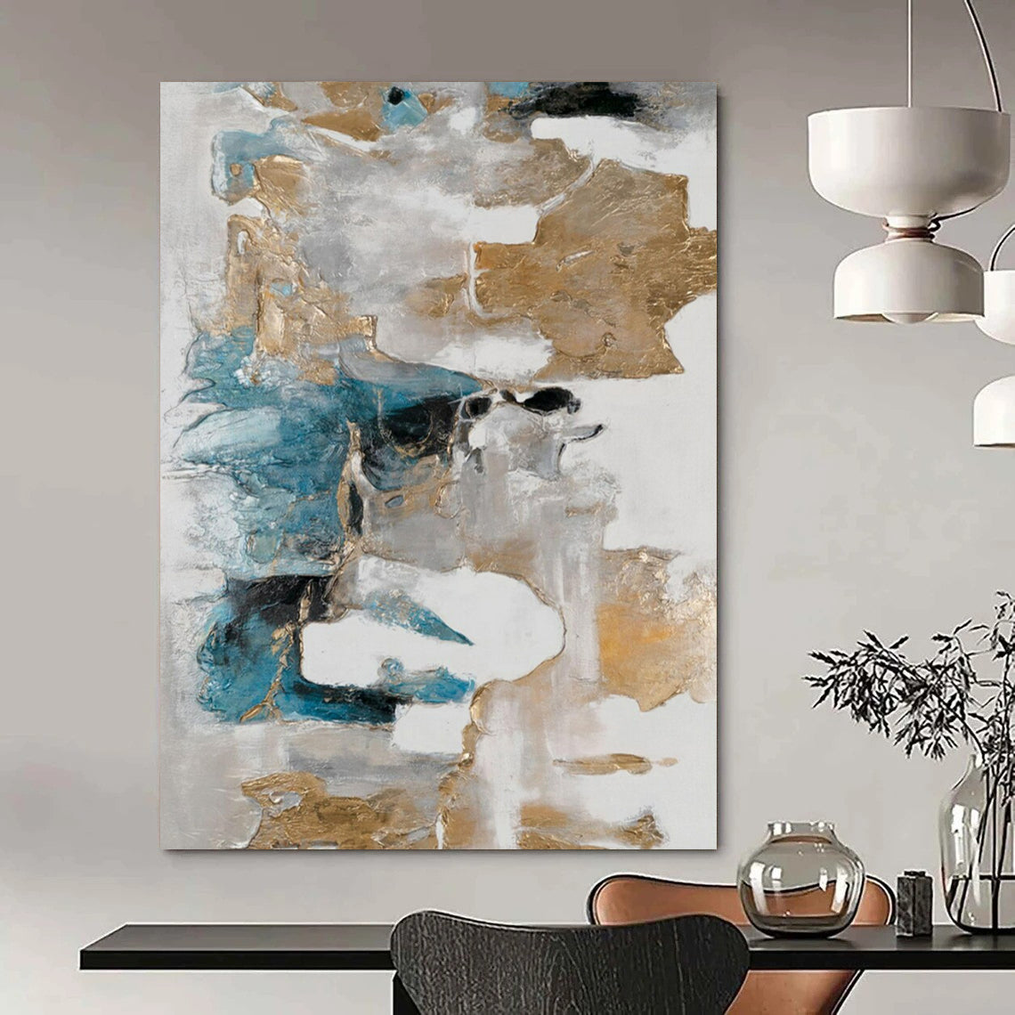 “Gold & Blue Abstraction” - Metallic Abstract Painting On Canvas CT2245