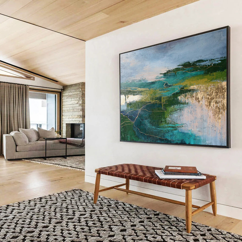 Green and Blue Abstract Landscape with Gold “Mystic Nature’s Pathways” Painting On Canvas DKH129