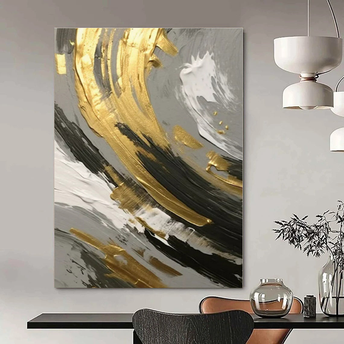 Gold, Black & White Swirl Detail - Abstract Impasto Oil CT1252