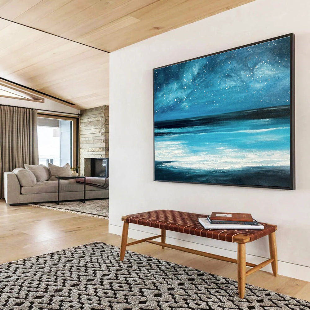 Vibrant Blue Galaxy and Ocean “Celestial Coastal Dream” Painting On Canvas DKH104