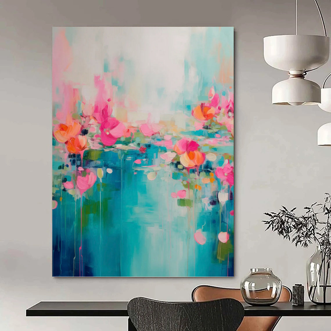“Turquoise, Pink & Orange Floral Abstract Drip” Painting On Canvas DKH0993