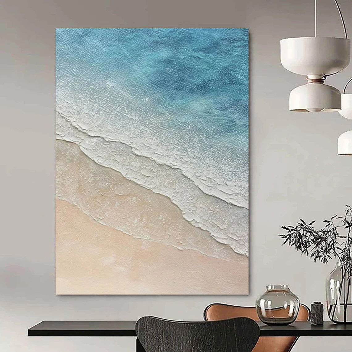 “Blue, White, Beige Coastal Waves ‘Seaside Serenity’” - Realistic Textured Landscape Painting On Canvas DTP314
