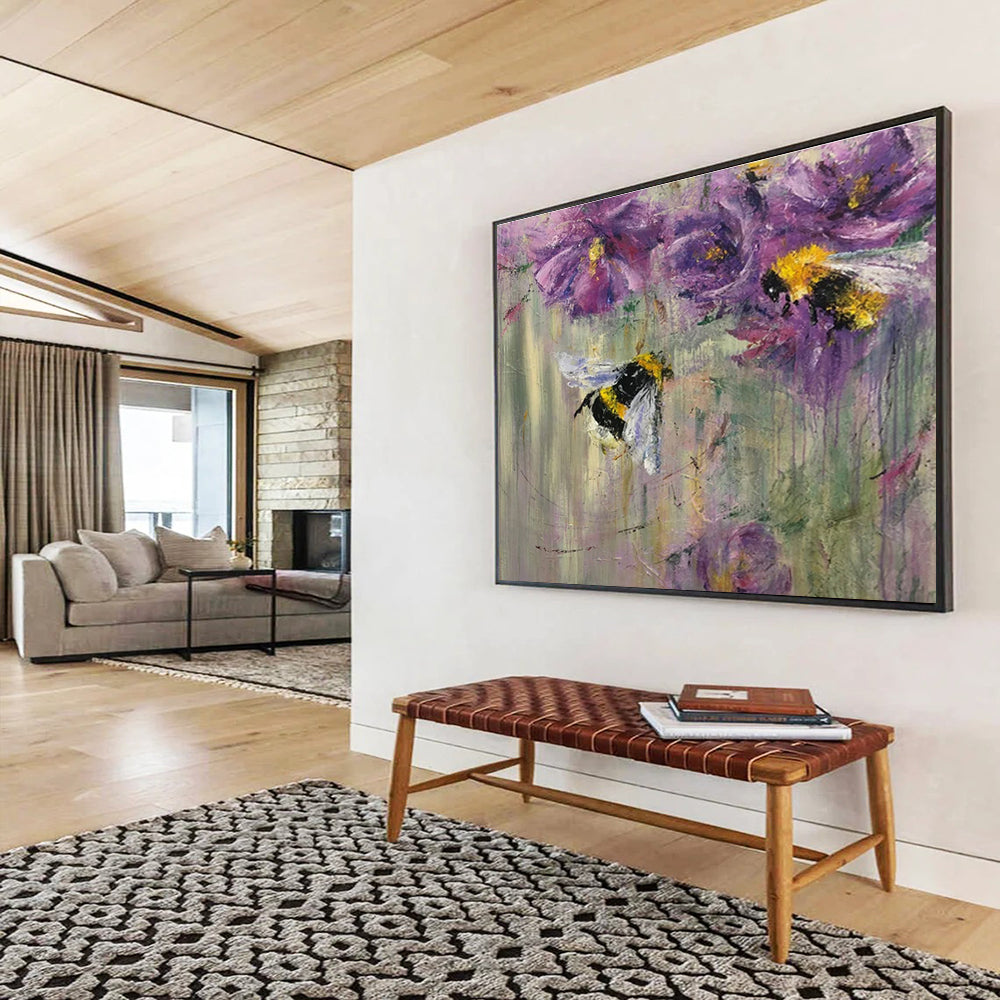 “Buzzy Floral Delight” - Purple, Yellow, Black Bee & Flower Impressionistic Painting On Canvas DKH718
