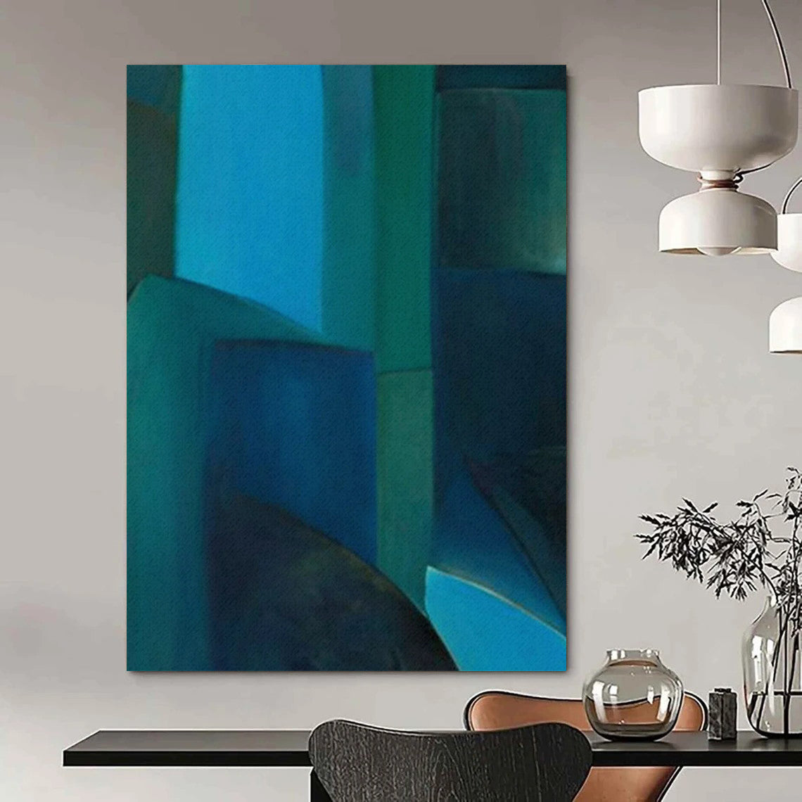 Blue & Green Geometric Abstraction - Cubist - Style Painting On Canvas CT2255