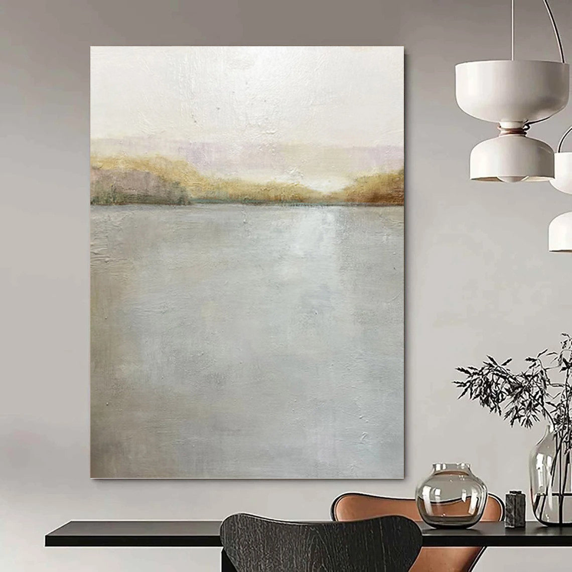 “Serene Reflections” - Gray & Gold Water - Inspired Painting On Canvas DKH1511