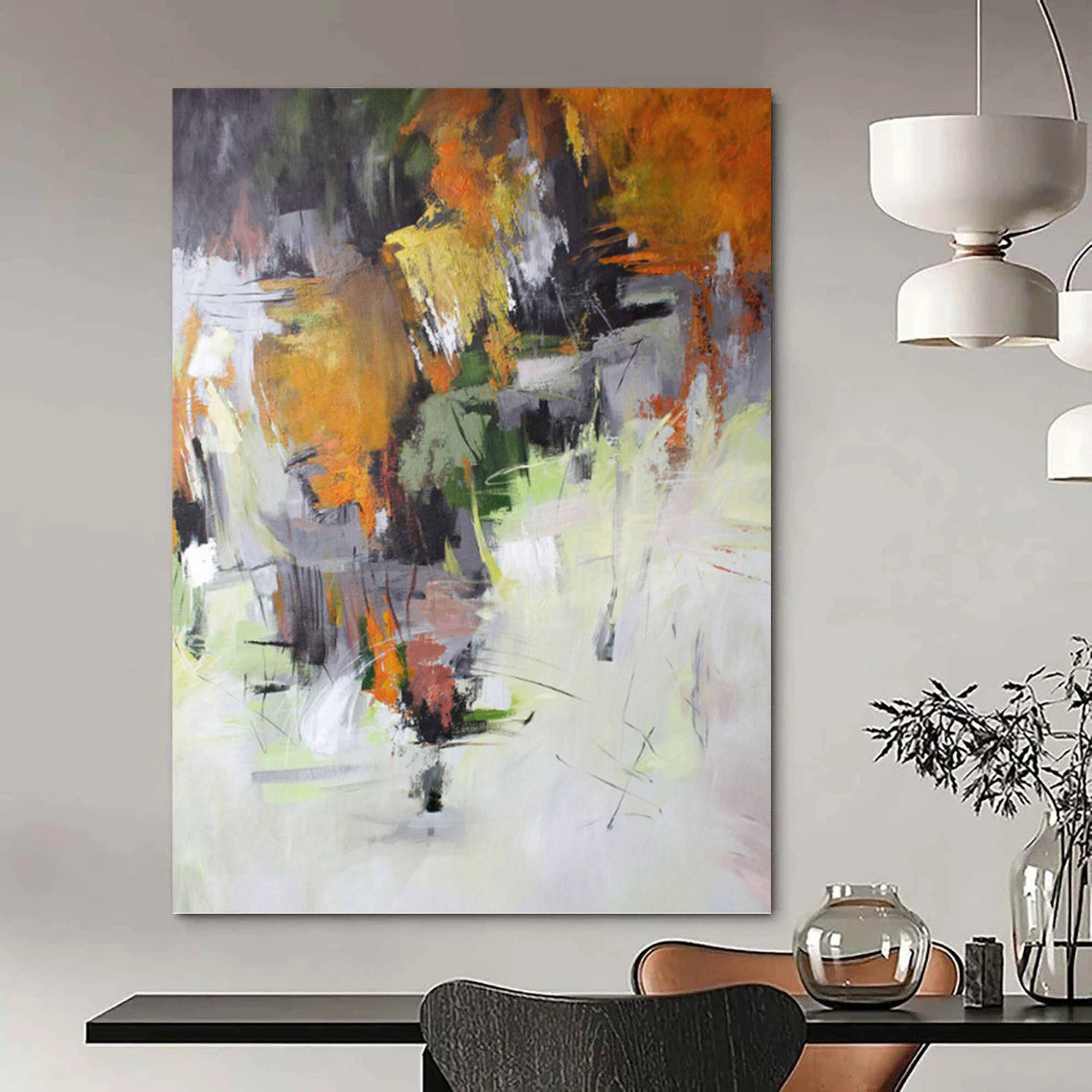 “Autumn - Hued Abstract Landscape” - Orange, Green, Gray & White Seasonal Painting On Canvas DKH1021