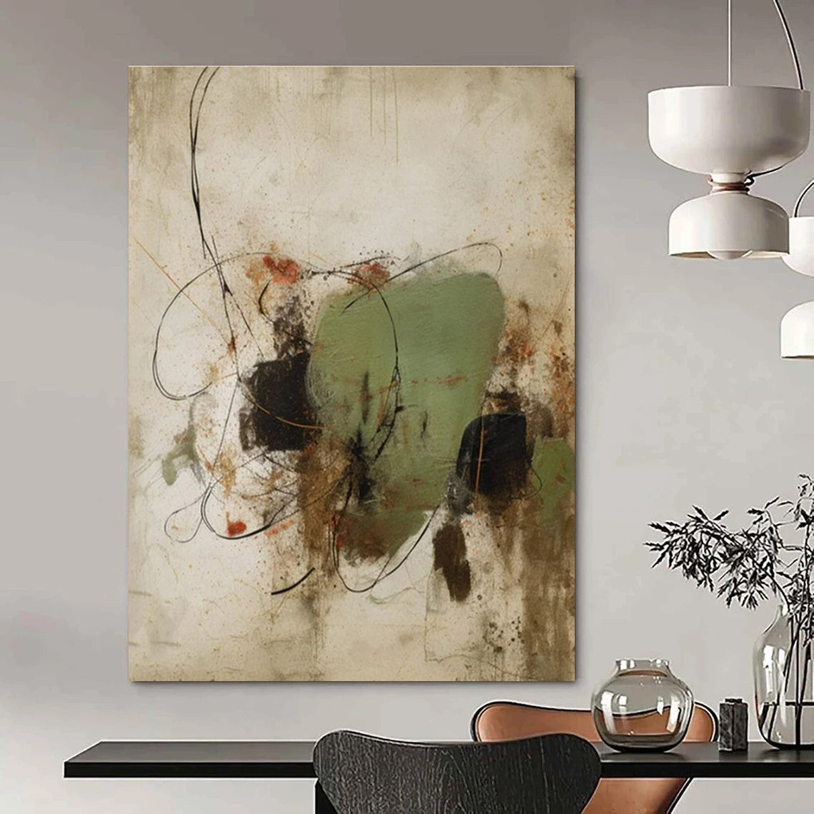 Neutral, Green, Black & Red Abstract Forms - "Organic Chaos" - Abstract Mixed - media Painting CT1462