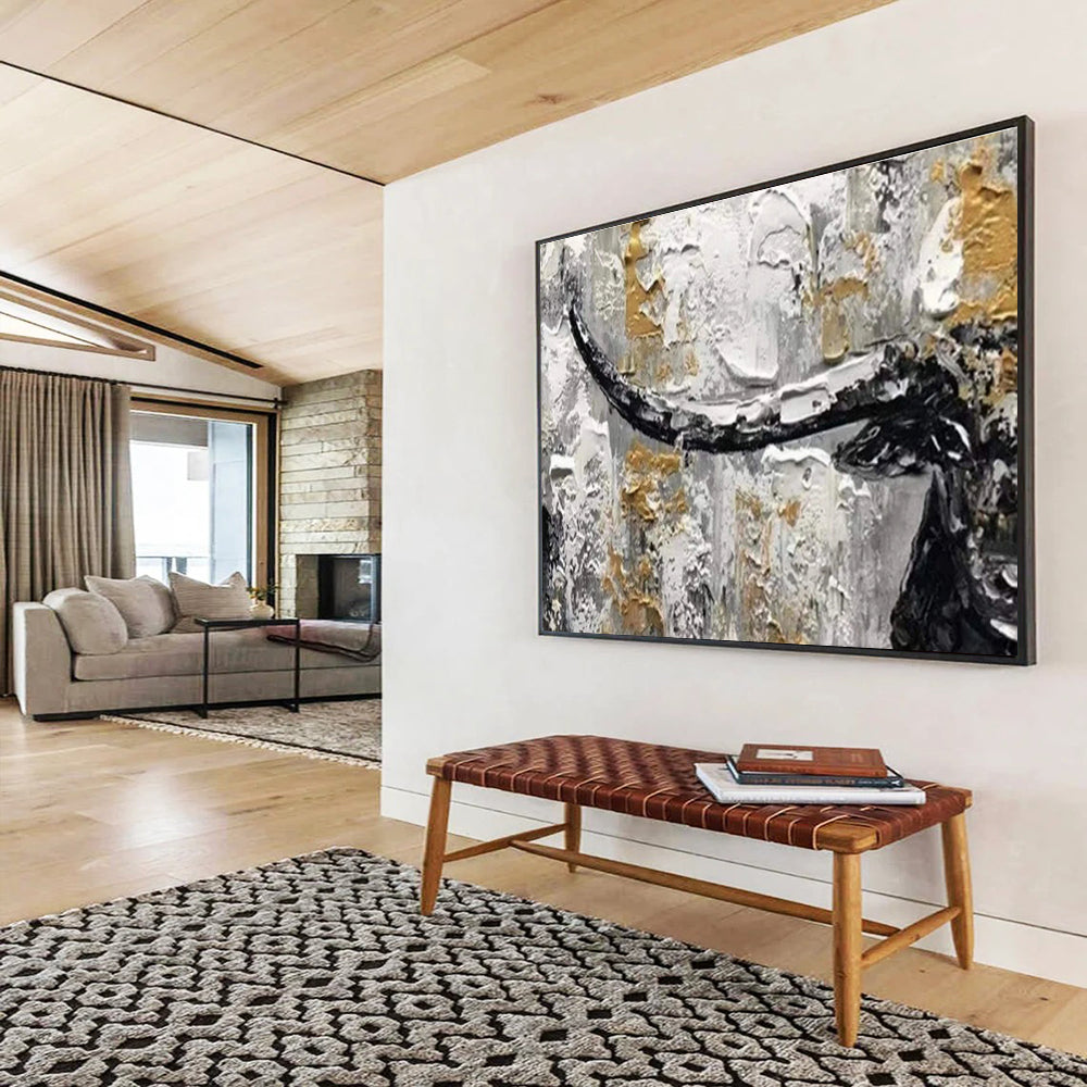 “Black, White & Gold Textured Bull” Abstract Animal Painting On Canvas DKH336