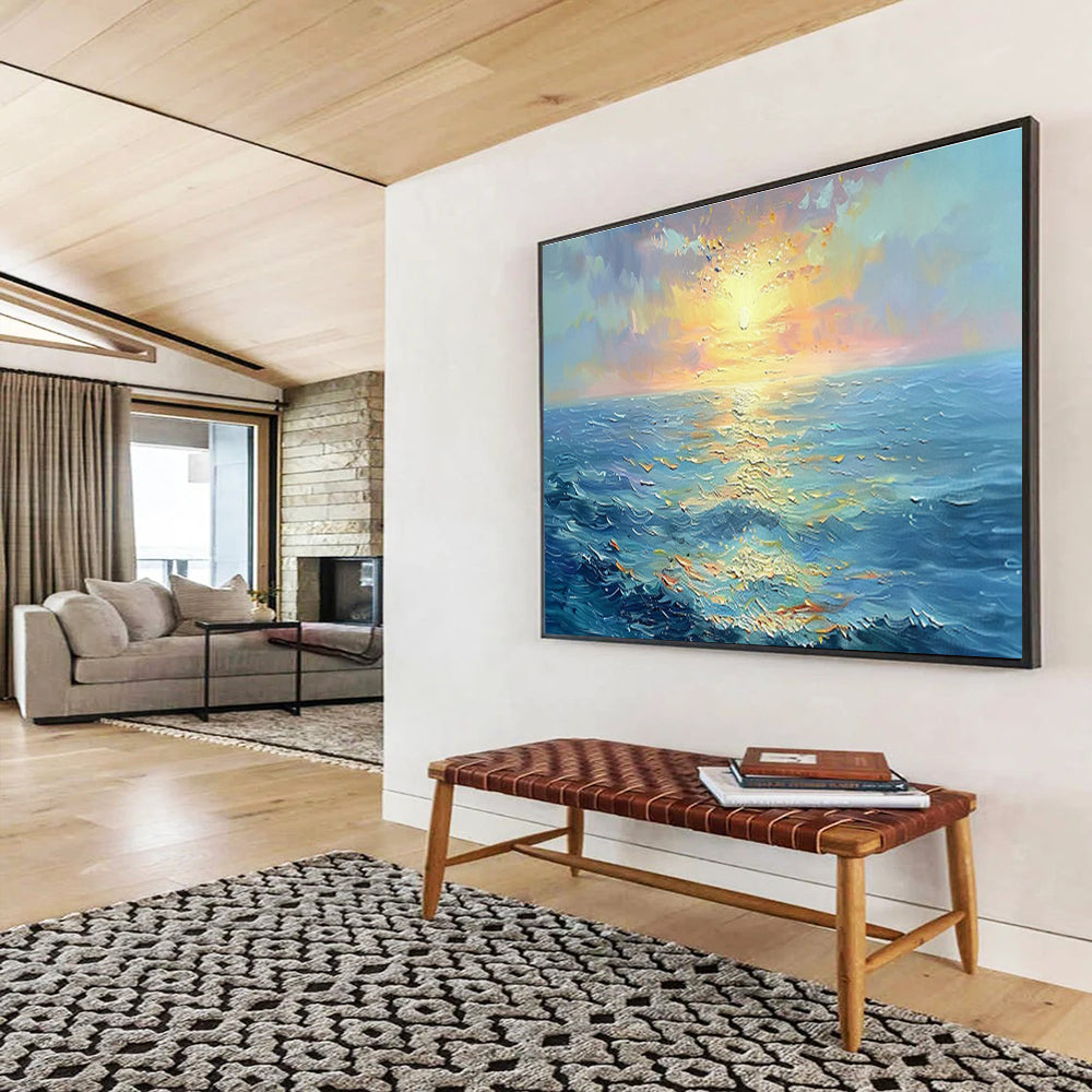 “Sunset Sea Sparkle” - Blue, Orange, Yellow Impressionistic Seascape Painting On Canvas DKH760