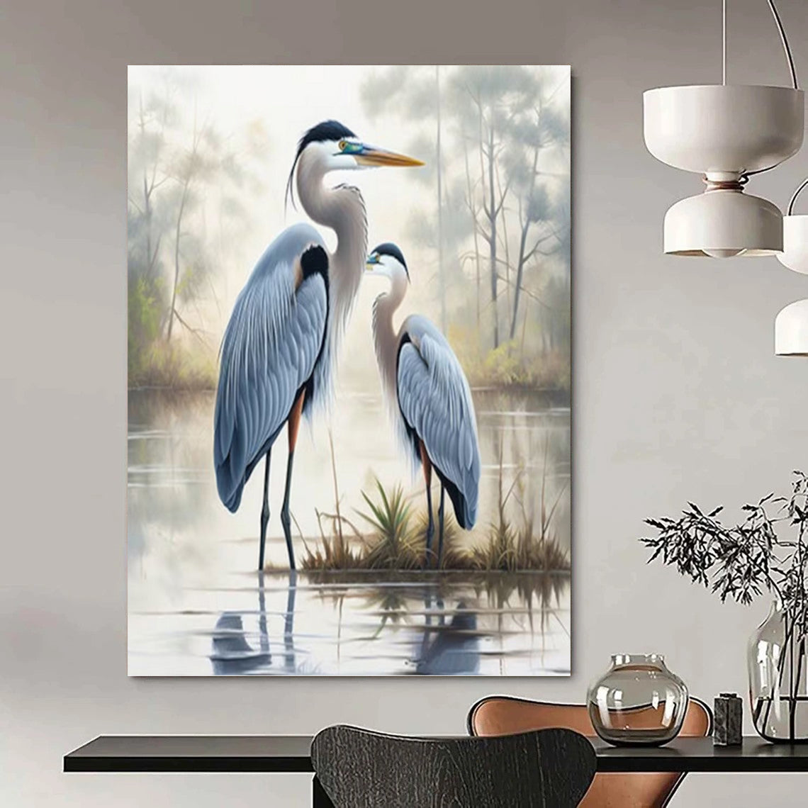 Blue Herons in Misty Marsh - Realistic Wildlife Painting On Canvas DKH1400