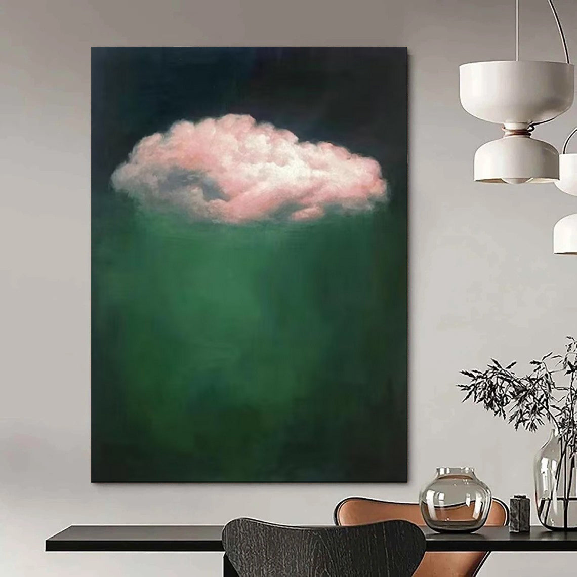 “Pink Cloud in Green Depths” - Surreal Cloud Painting CT1984