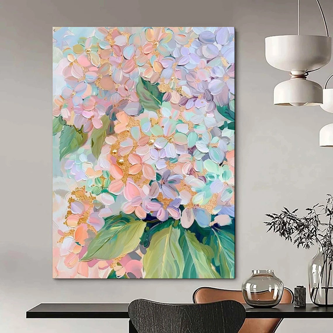 “Pastel Hydrangeas with Gold” – Impasto Floral Painting On Canvas CT2111
