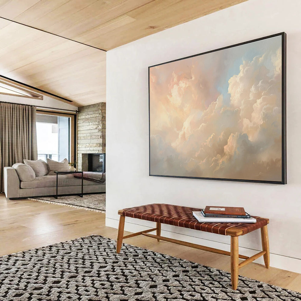 Heavenly Clouds Pink Beige Cloud Filled Sky Painting On Canvas DKH209
