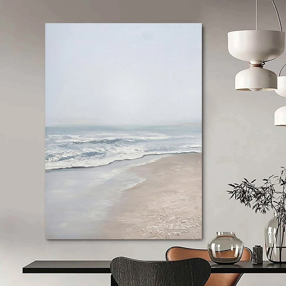 “Serene Gray Beach” - Gray, Blue, White Landscape Painting On Canvas DTP310