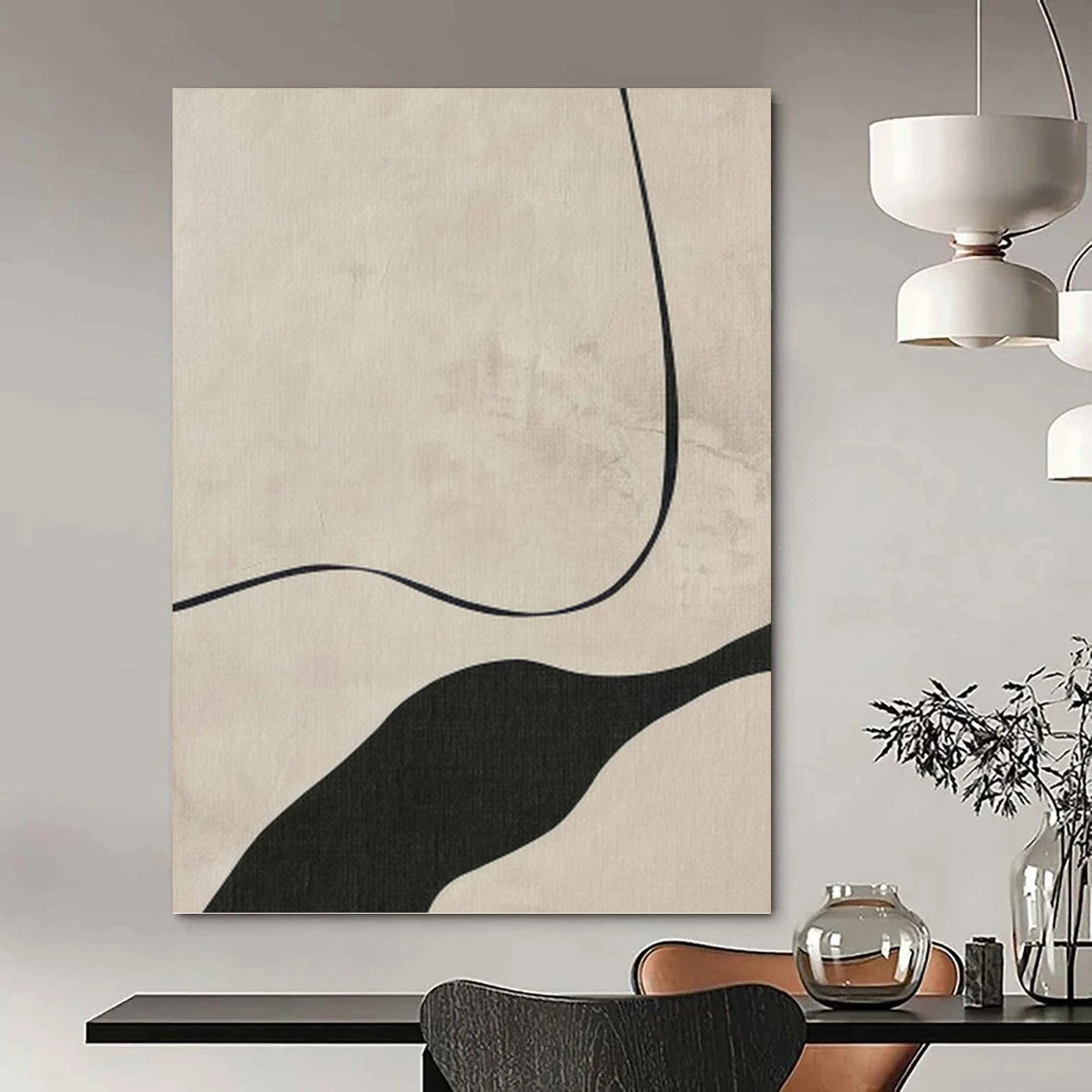 Beige & Black Curves - Minimalist Flow Painting On Canvas DKH1148
