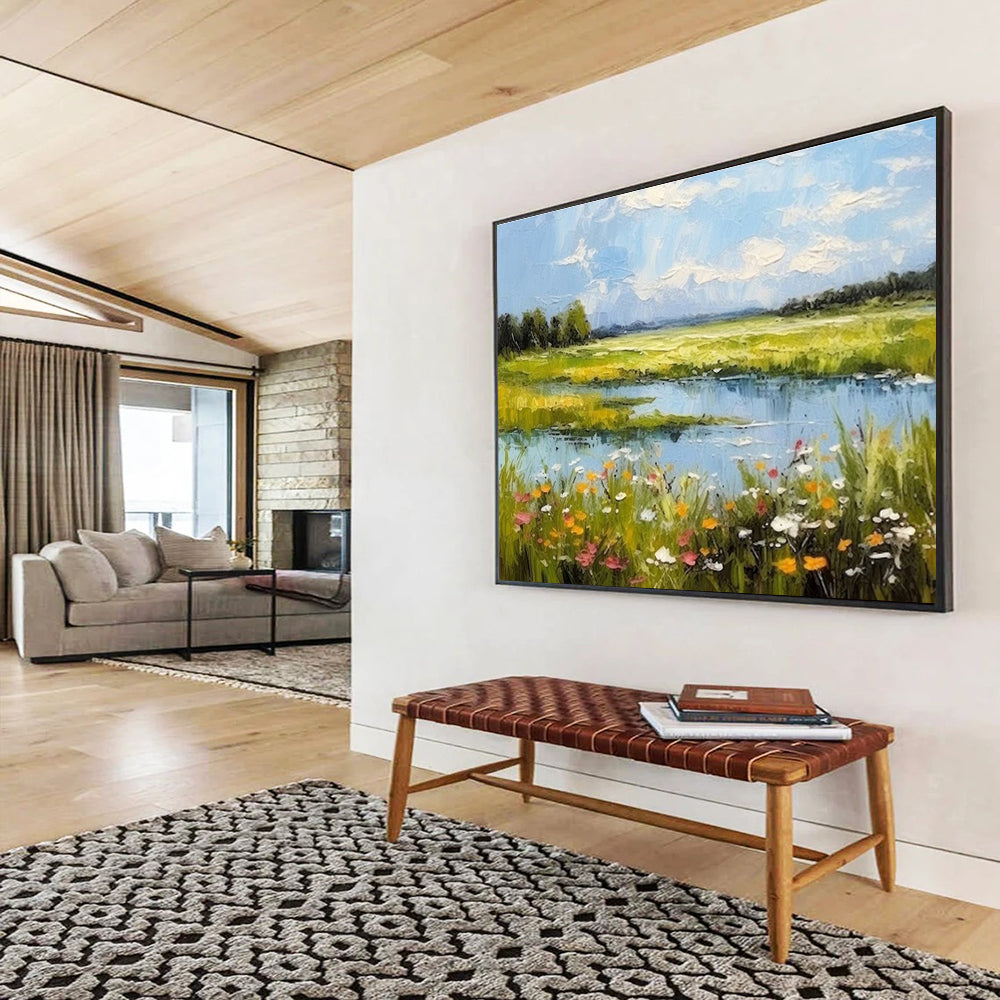 Colorful Meadow and Lake Landscape Painting On Canvas DKH271