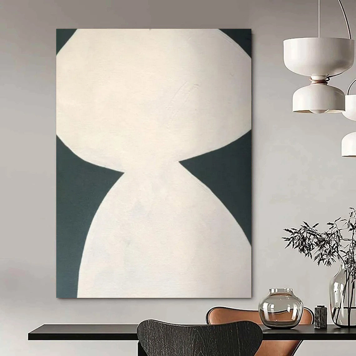 “White - Dark Green Hourglass Form” – Abstract Hourglass Art CT0999