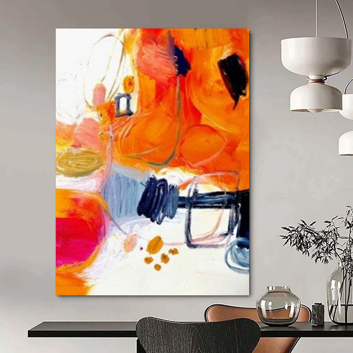 “Orange - Abstract Energy” - Orange, Pink, Blue Dynamic Shapes Painting On Canvas DTP272