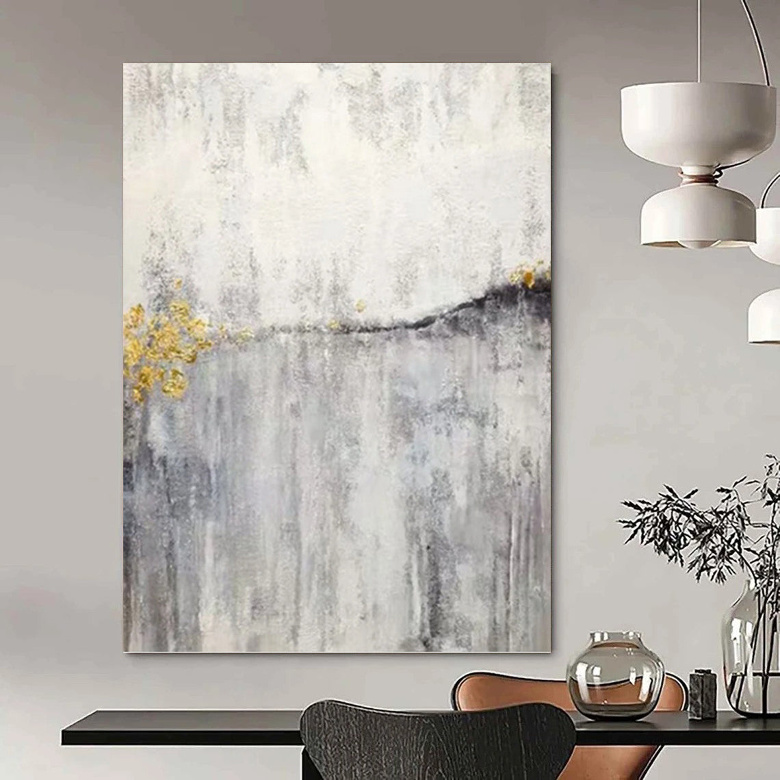 “Golden Mist” - Gray, White & Gold Textured Abstract Painting On Canvas DKH1173