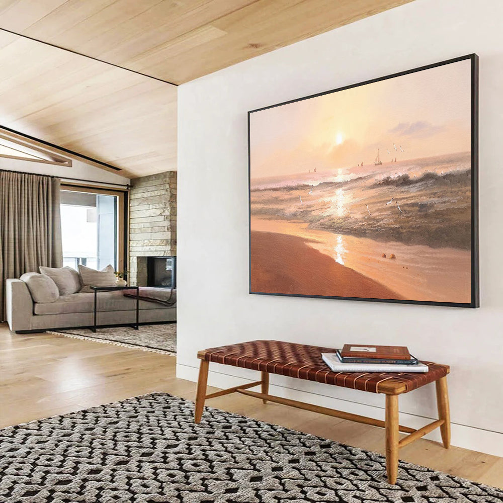 “Sunset Beach Serenade” - Orange, Pink & Gold Romantic Seascape Painting On Canvas DLZ264