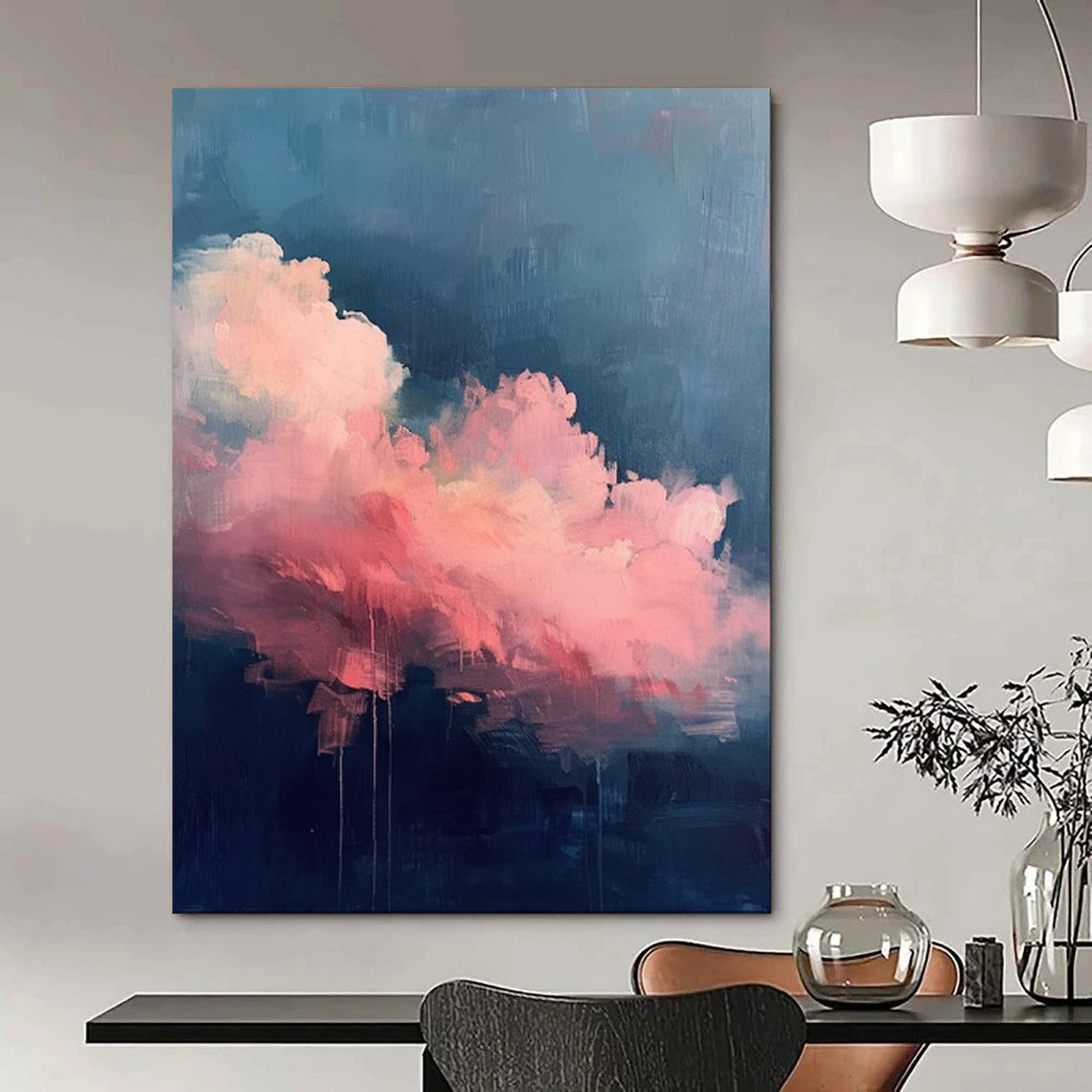 “Blending Pink Clouds and Dark Blue Background” - Abstract Cloud Decorative Painting CT1976