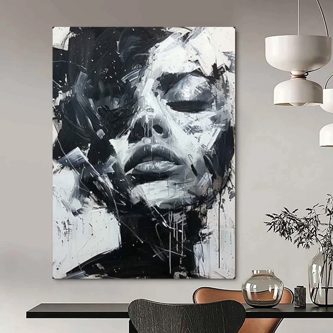 “Dynamic Black - and - White Abstract Face” – Expressive Impasto Portrait Painting On Canvas CT2139
