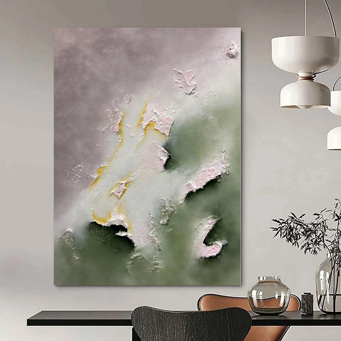 Gray, Green, and Yellow Textured Forms - Abstract Relief Painting CT1225