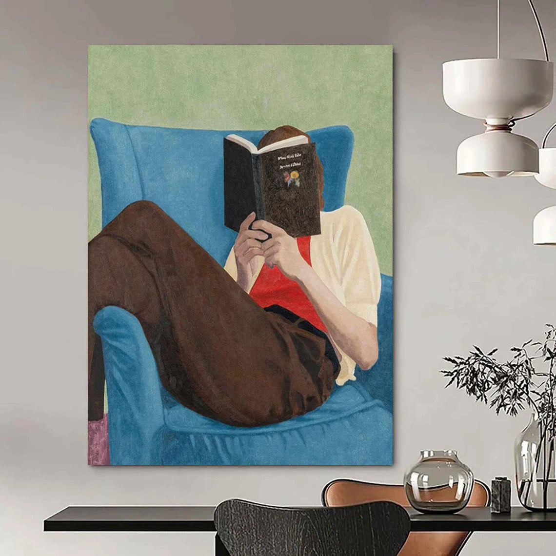 “Figure Reading on Blue Chair” - Green, Blue, Brown Figurative Painting On Canvas DTP303