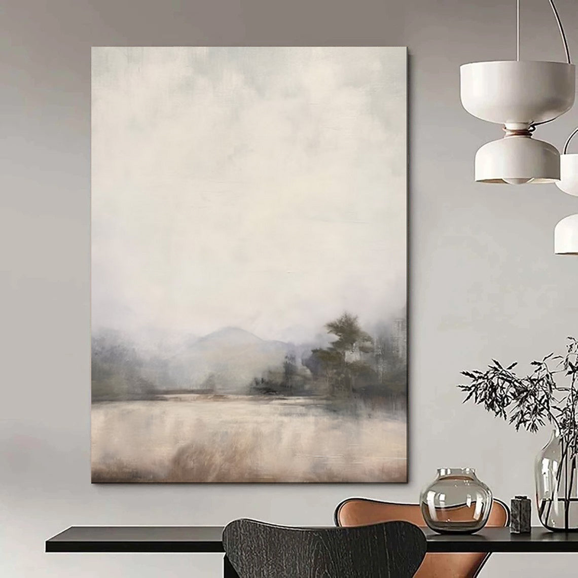 “Misty Lake Dreamscape” – Impressionistic Landscape Oil Painting with Soft Gray and Beige CT2056