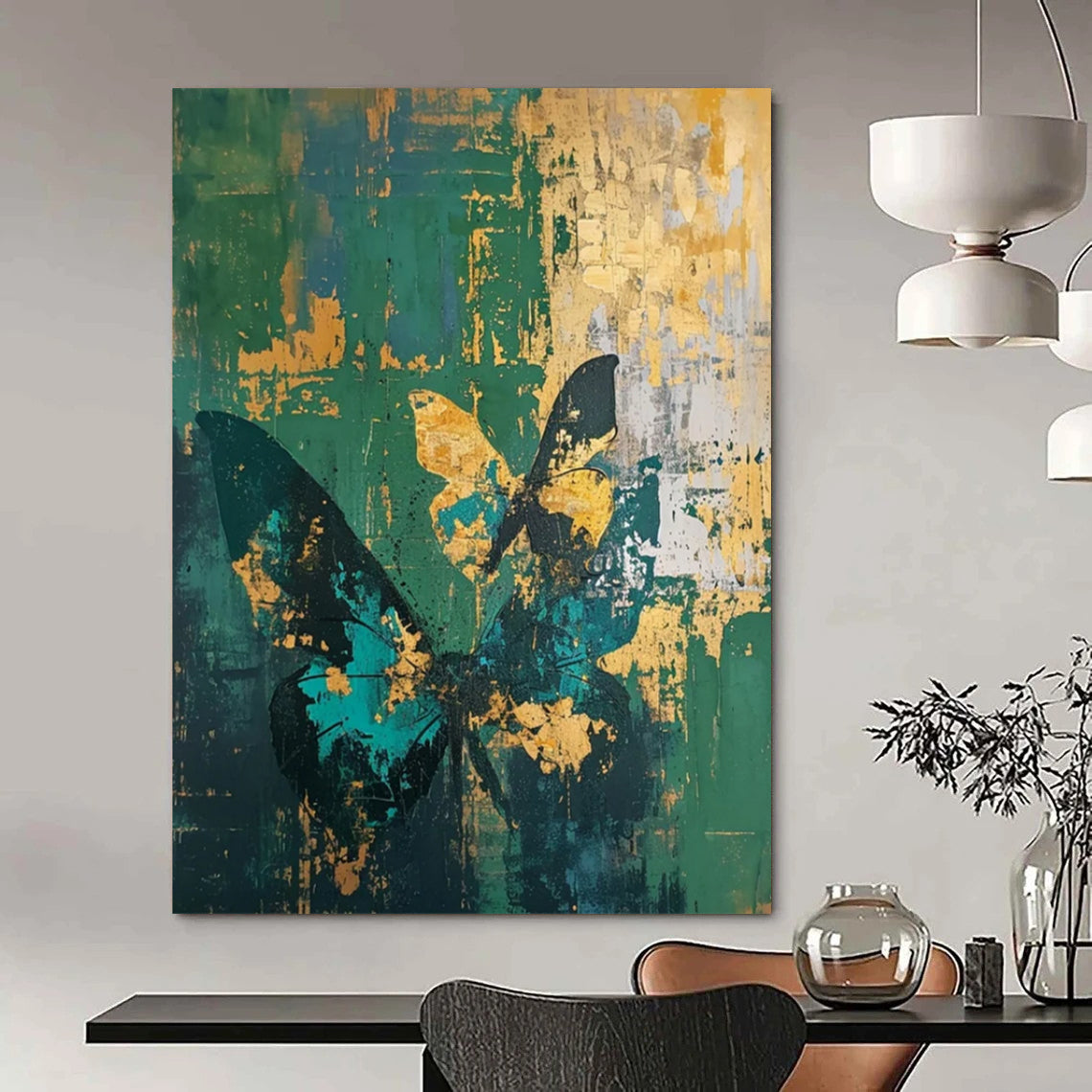 Green & Gold Butterfly Abstract - Nature - Inspired Abstract Painting On Canvas CT2287