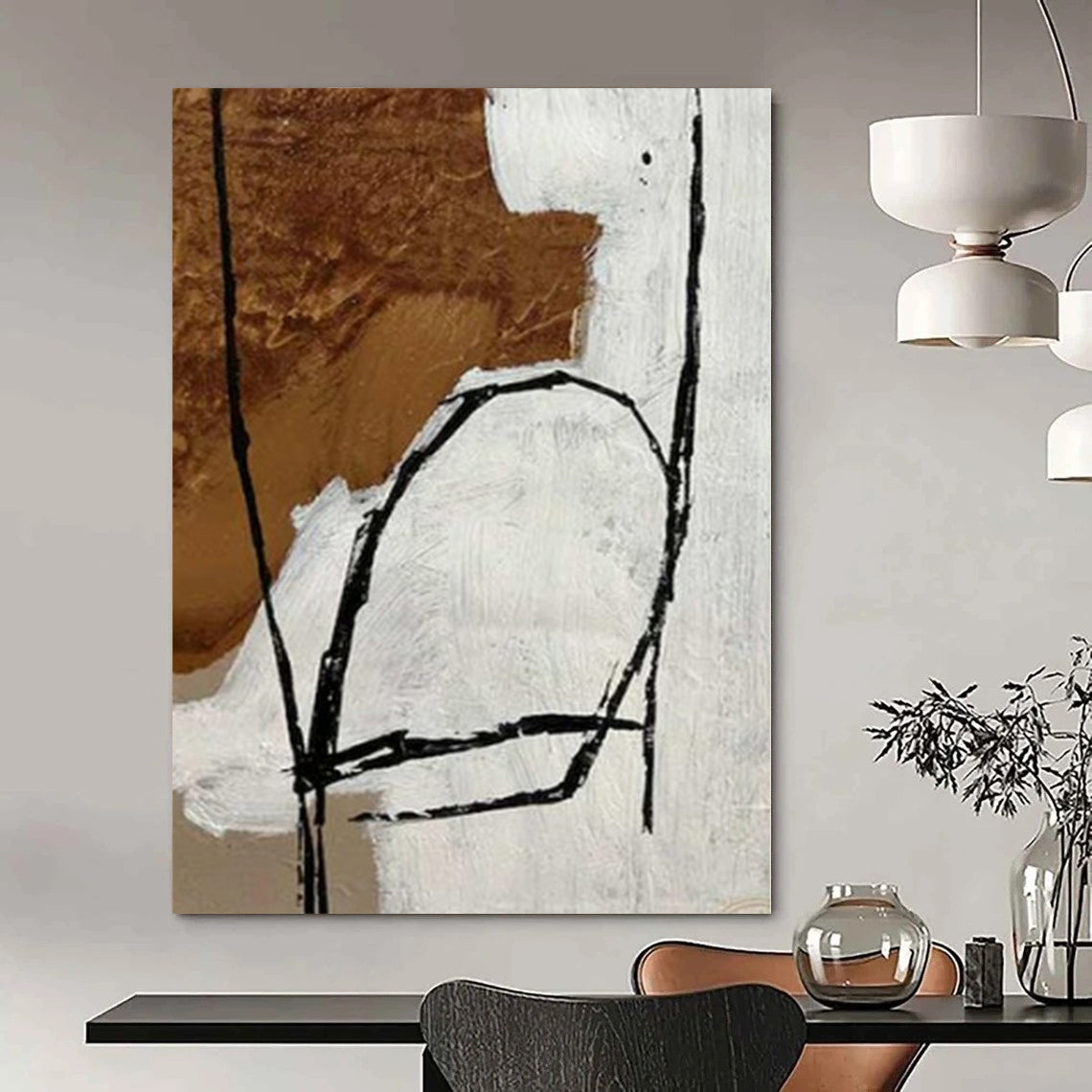 “Brown, Black, White Linear Abstract” – Linear Abstract Painting CT1127