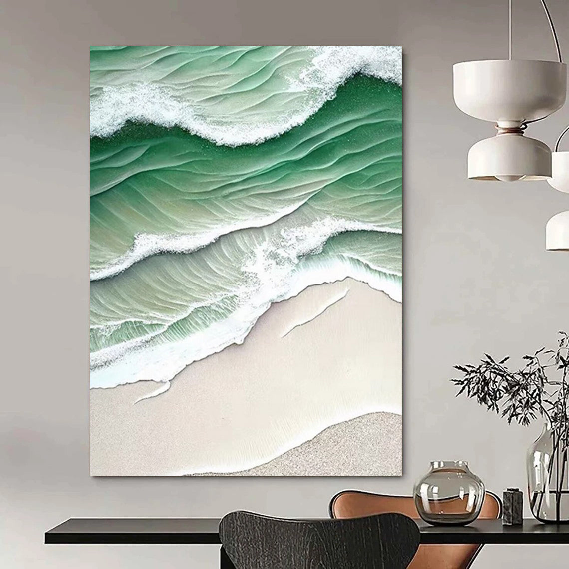 “Green - White Wave Aerial” - Green, White, Beige Coastal Aerial Painting On Canvas DTP290