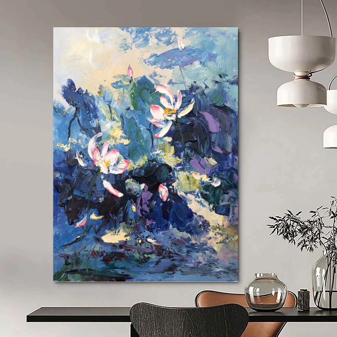 Impasto Lotus in Blue Hues - Impressionistic Floral Painting On Canvas DKH1298