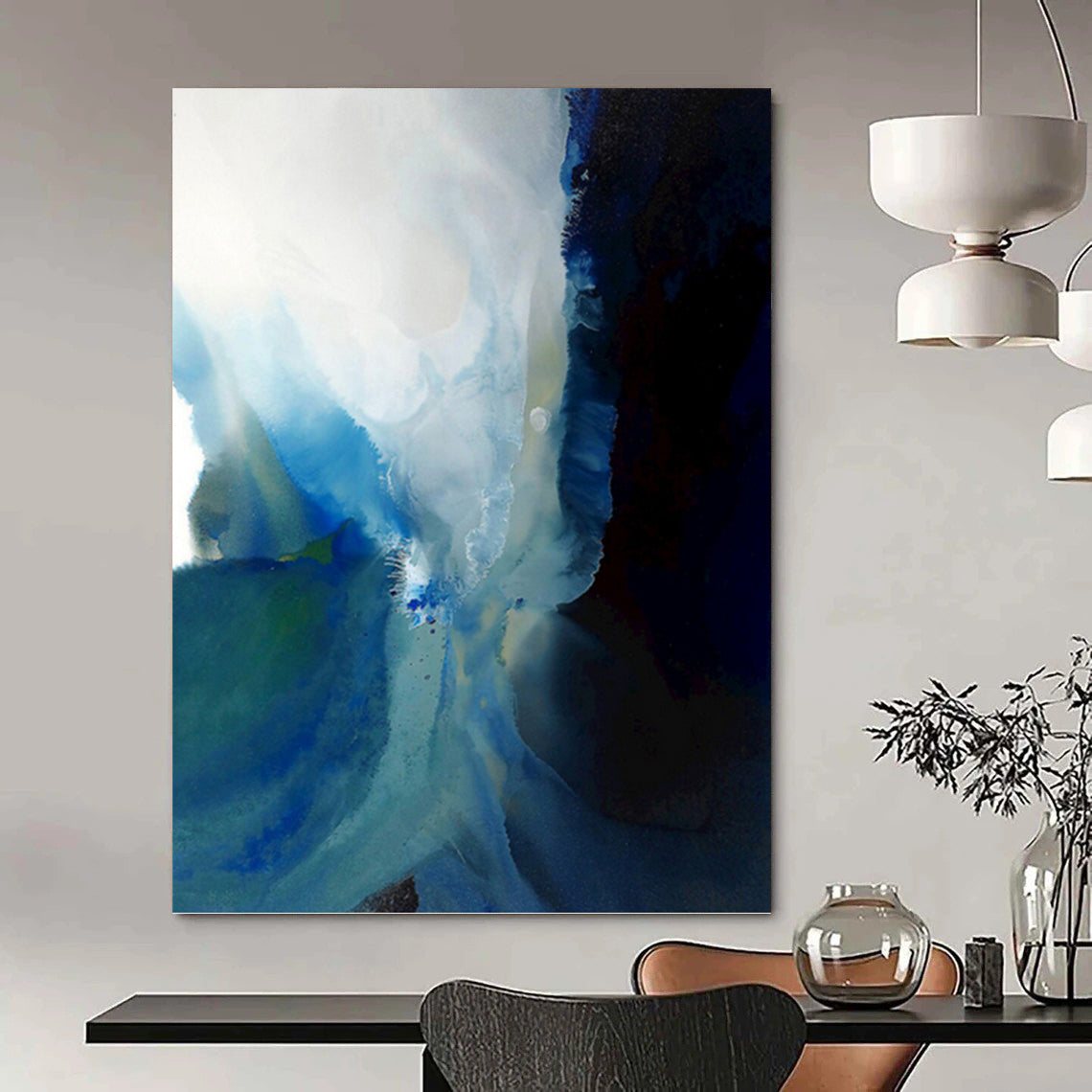 “Blue - White Ink Flow” - Blue, White & Black Abstract Watercolor Painting On Canvas DKH0941