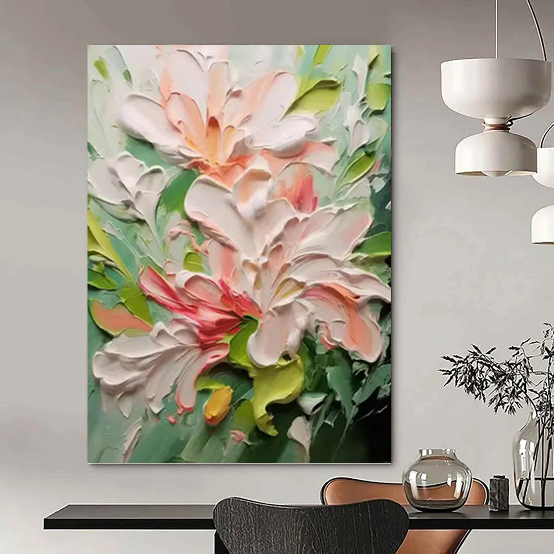 Pink and Green Floral Impasto - Textured Flower Painting On Canvas DKH1396