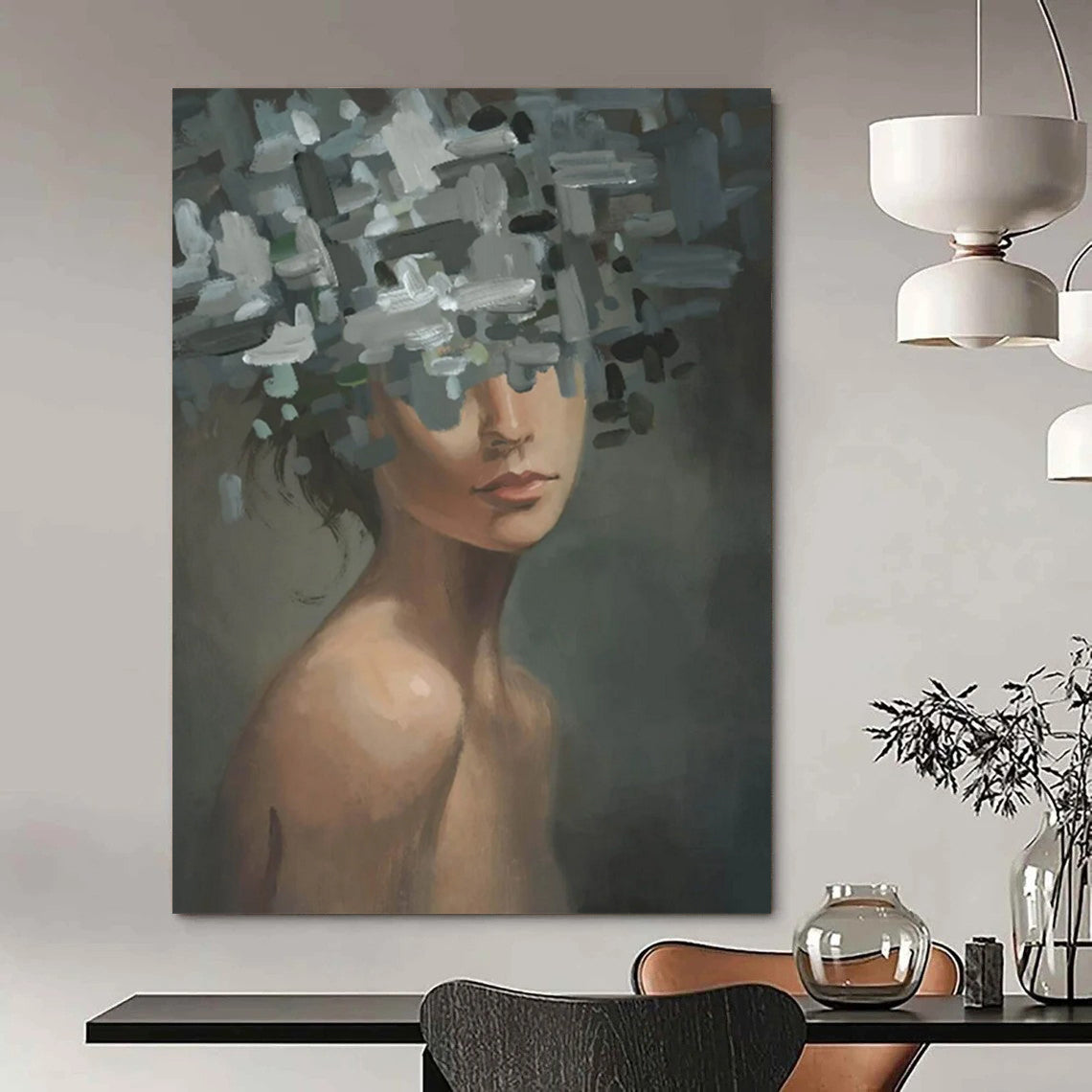 “Gray, Green, White Floral Head ‘Ethereal Veil’” - Figurative Flower Painting On Canvas DTP328